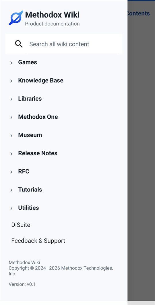 The Methodox Wiki navigation drawer, listing documentation sections such as Knowledge Base, Libraries, Release Notes, RFC and Tutorials.
