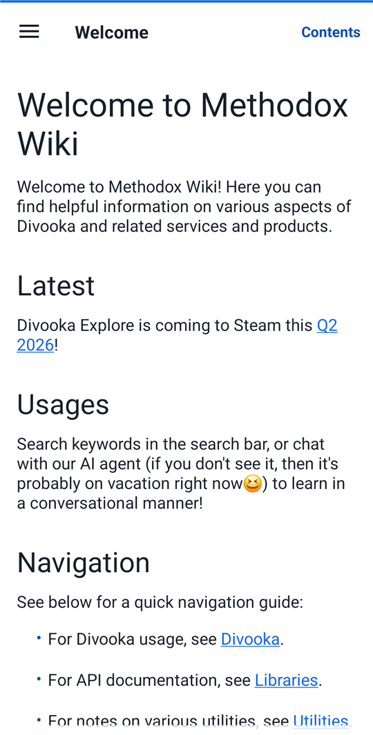 A documentation page open in the Methodox Wiki app, showing formatted headings, body text and links.